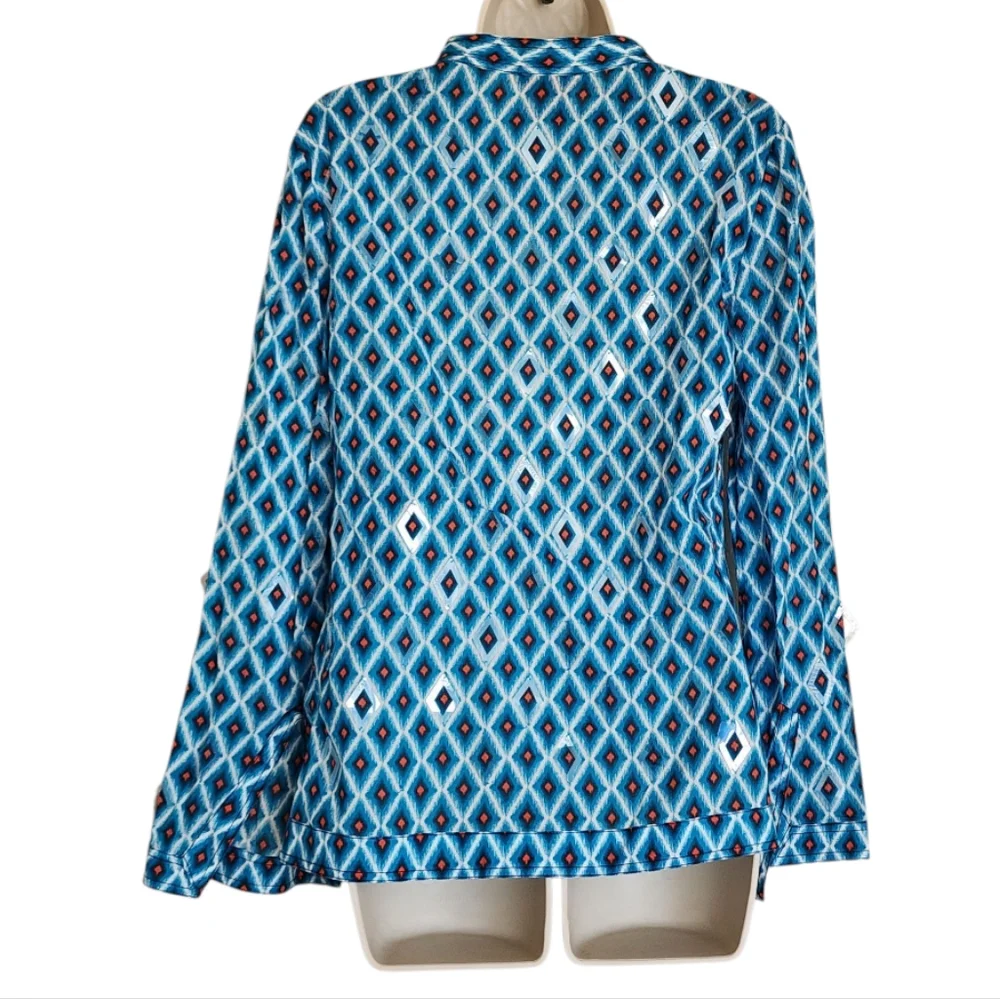 Tory Burch Blue Ikat Geometric Diamond Tunic Top-Mirrored Accents Size 4